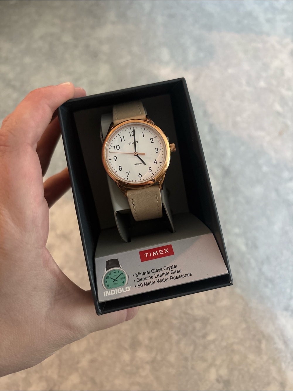 Timex Beige Leather Strap Watch with Rose Gold Case and White Dial